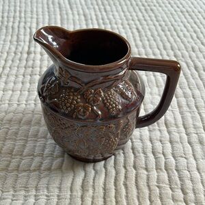 Vintage Brown Ceramic Pitcher with Grape Design